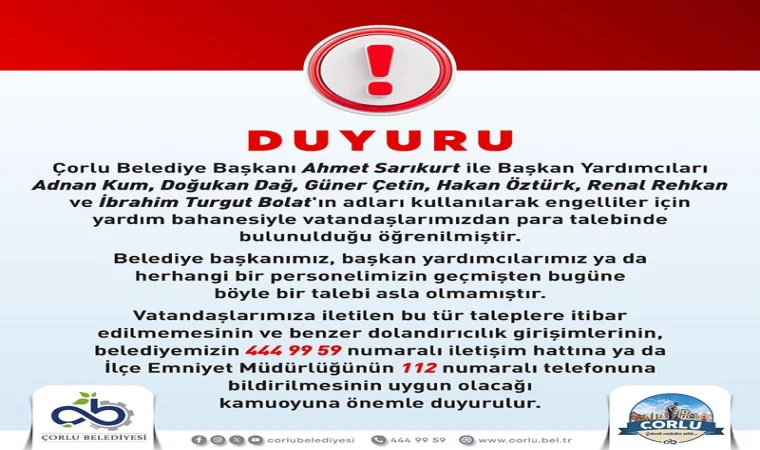 Çorlu Belediyesi Dolandırıcılığa Karşı Uyardı