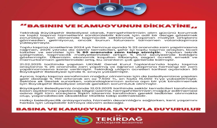 Tekirdağ Büyükşehir Belediyesinden Açıklama