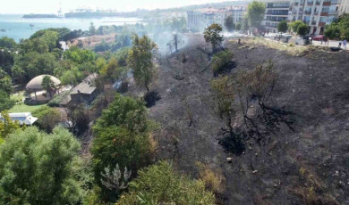 Avcılar’da otluk alanda çıkan yangın yeşili siyaha çevirdi, alan havadan görüntülendi